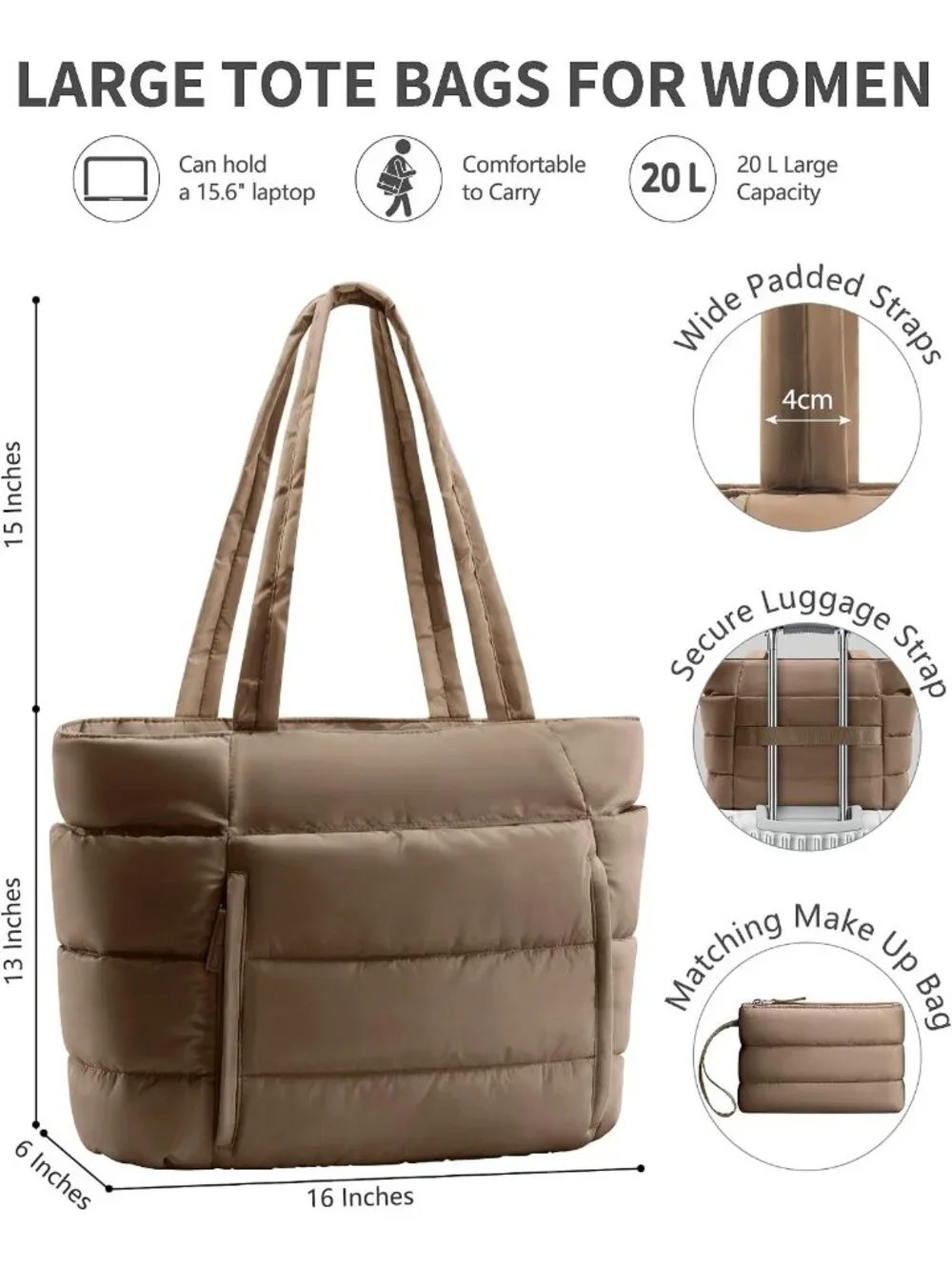 👜Women's Dark Khaki Puffer Tote Bag 16 Pockets Work Gym Travel Laptop Handbag
